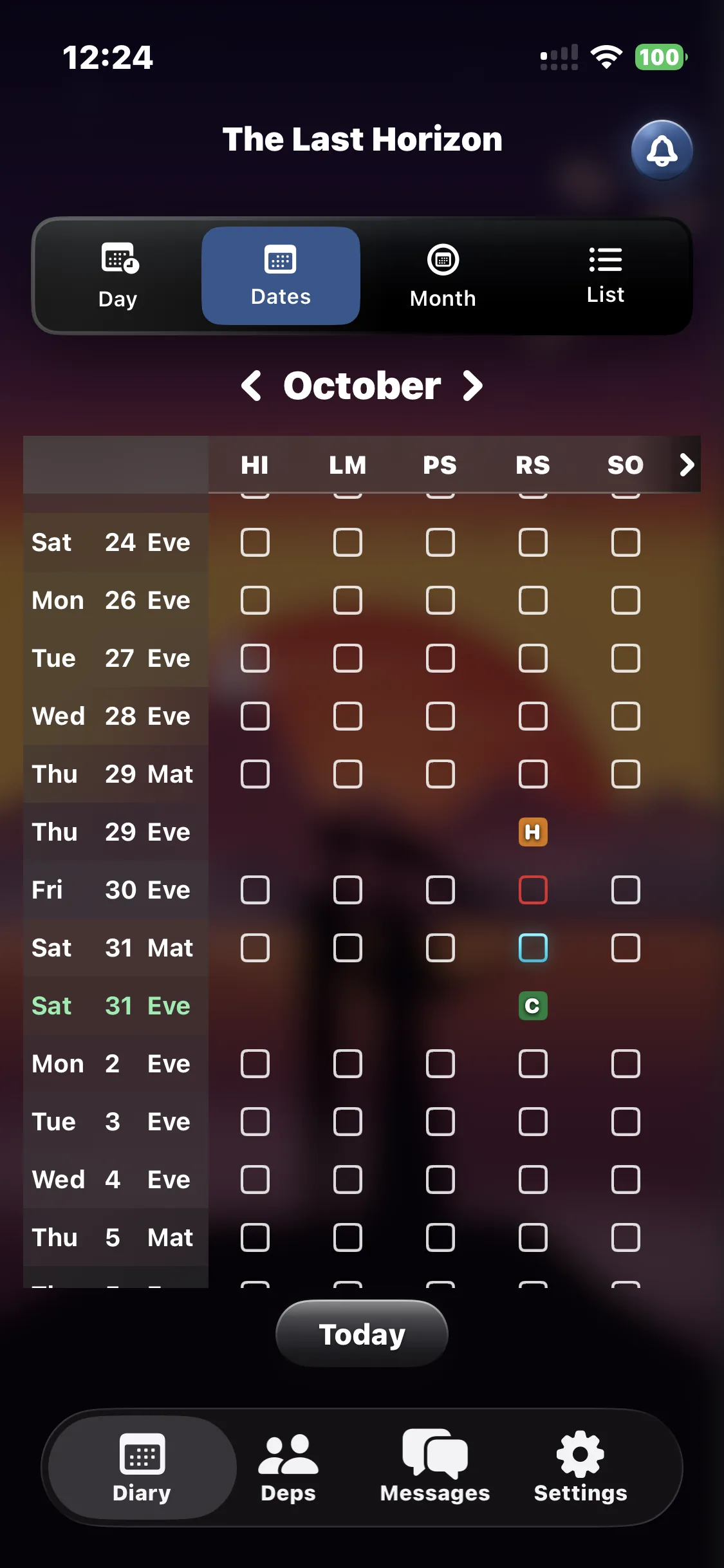 Dates grid for The Last Horizon in October, with every dep on one screen and nights held, unavailable, waiting and confirmed.