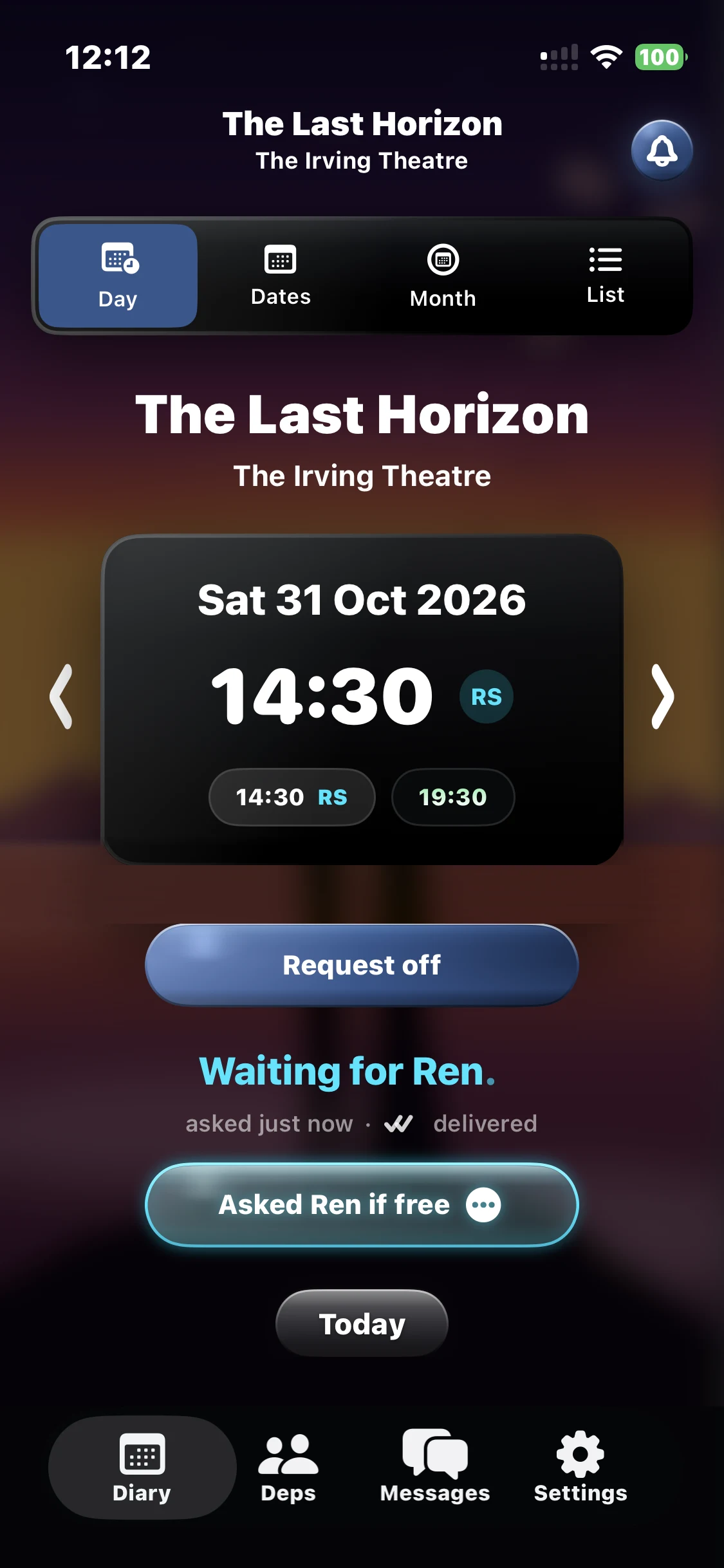 ShowBuz diary for The Last Horizon at The Irving Theatre on Saturday 31 October. The 2:30pm show is waiting for Ren Santo.