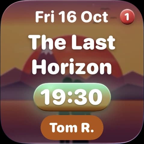 ShowBuz home screen widget for Friday 16 October: The Last Horizon at 19:30, with dep Tom R. shown underneath and one unread message.