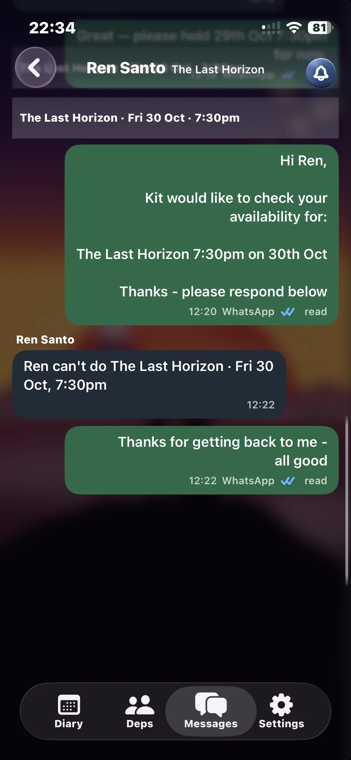 Messages with Ren Santo about The Last Horizon. Blue ticks show a WhatsApp message was read, and Ren can't do Friday 30 October at 7:30pm.