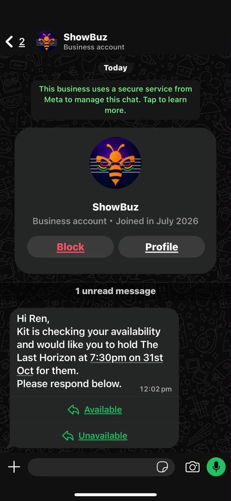 WhatsApp message from ShowBuz asking Ren Santo to hold The Last Horizon at 7:30pm on 31 October, with Available and Unavailable.