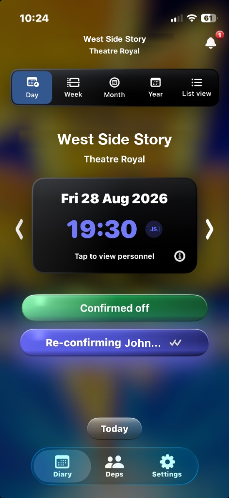 ShowBuz day view for West Side Story at Theatre Royal, reconfirming John